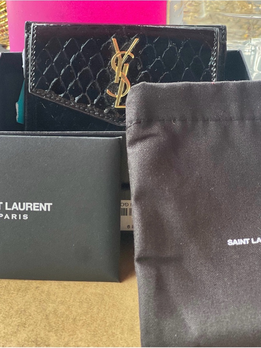 Saint Laurent NEW Black Patent Card Holder with Gold YSL Emblem - Picture 3 of 8